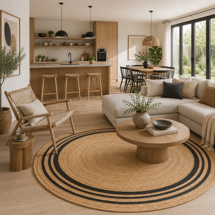 Tapis en Fibre Naturelle Fait Main Jute Salsa Rayures Anthracite Rond
