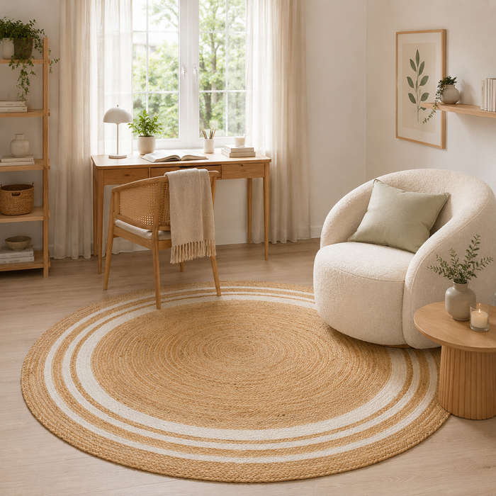 Tapis en fibres naturelles Jute fait main Salsa Crème Beige Rayures Rondes