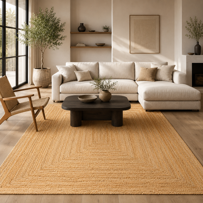 Tapis en fibres naturelles Jute fait main Salsa Bordure Beige