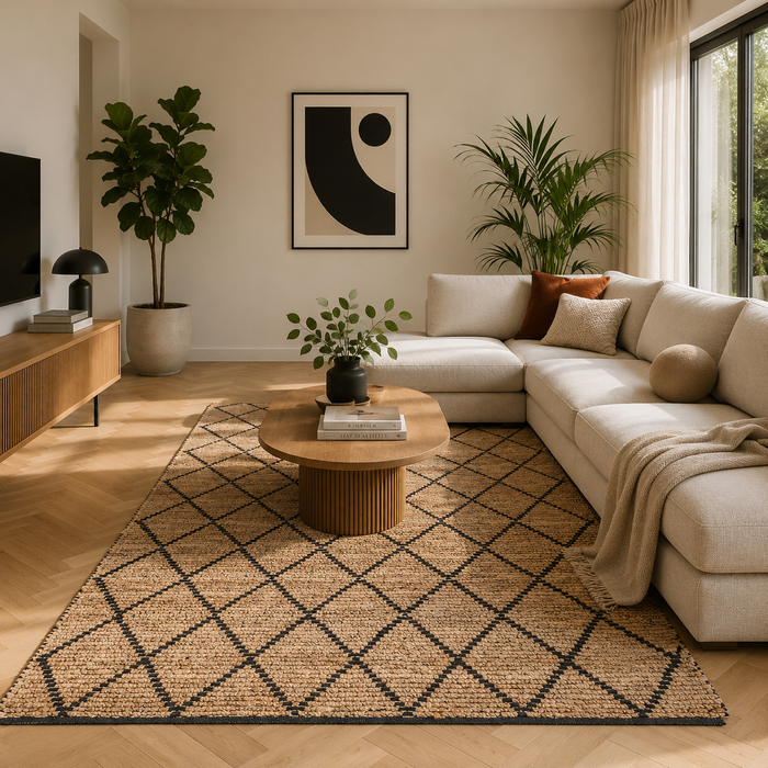 Tapis en fibres naturelles Jute fait main Salsa Beige Noir Losanges