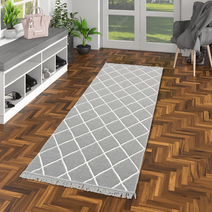 Tapis de designer Ethno Kelim réversible Gris Blanc Losanges