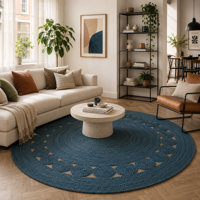 Naturfaser Teppich Handgefertigt Jute Salsa Modern Dunkelblau Rund