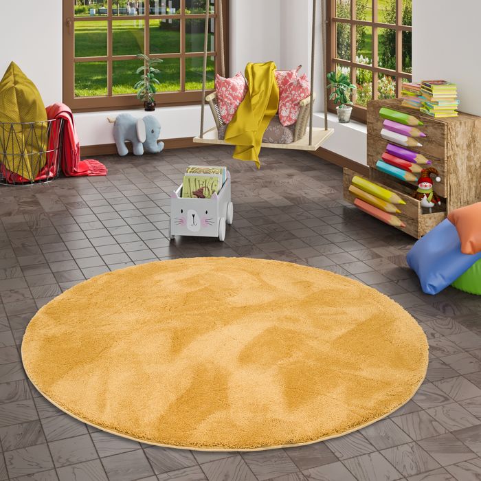 Super Soft Kinder Hochflor Teppich Silky Kids Curry Rund