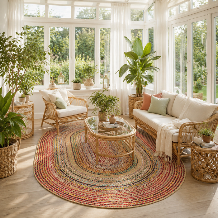 Tapis en fibres naturelles fait main en jute Salsa multicolore ovale