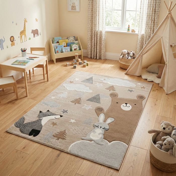 Kinder Teppich Maui Kids Fuchs und Bär Grau Beige