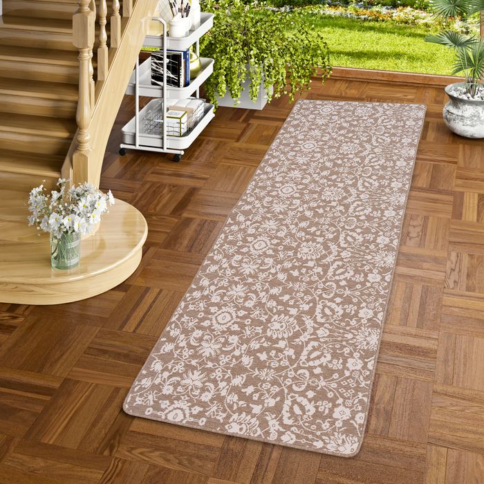 In- und Outdoor Teppich Läufer Beidseitig Newport Beige Blumen