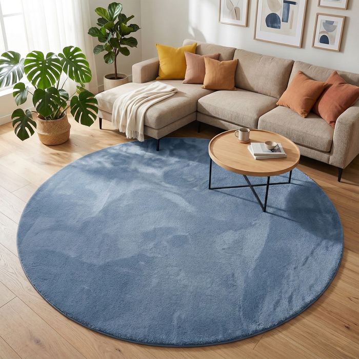 Tapis rond en fausse fourrure de luxe super douce Pearl bleu