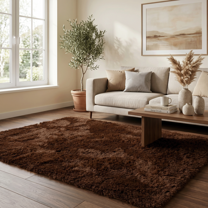 Tapis shaggy à poils longs Fluffy marron foncé – tapis extra doux et moelleux
