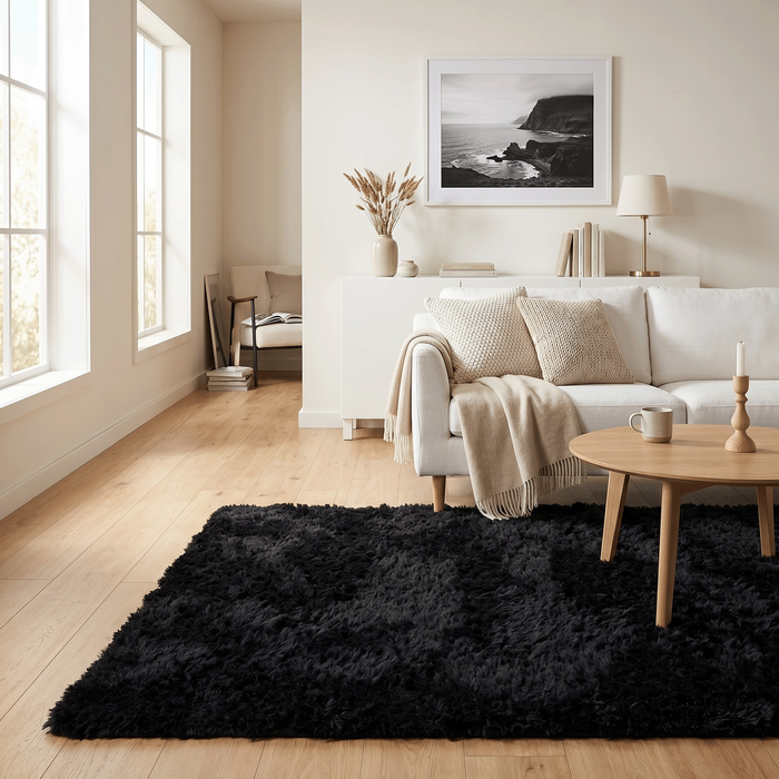 Fluffy Hochflor Teppich Schwarz – Shaggy Teppich extra weich & kuschelig