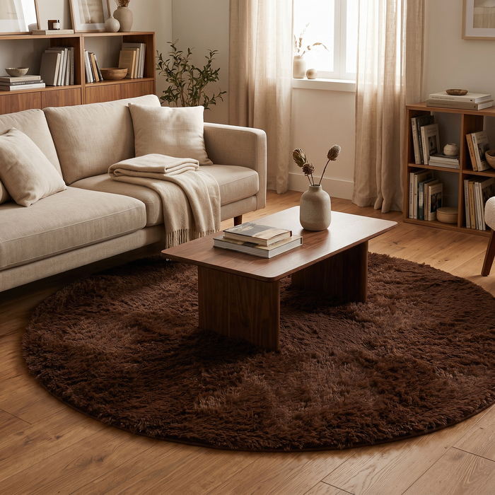 Fluffy Hochflor Teppich Dunkelbraun Rund – Shaggy Teppich extra weich & kuschelig