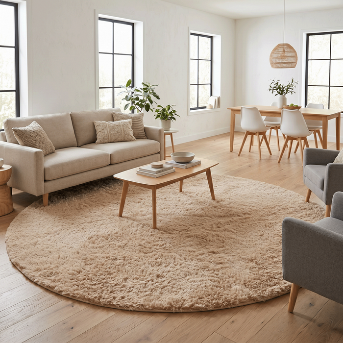Fluffy Hochflor Teppich Beige Rund – Shaggy Teppich extra weich & kuschelig