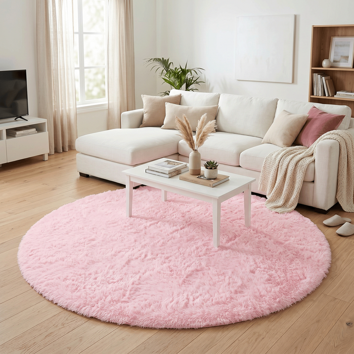 Tapis shaggy Fluffy rose rond – tapis à poils longs extra doux et moelleux