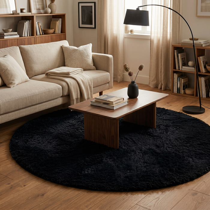Tapis shaggy Fluffy noir rond – tapis à poils longs extra doux et moelleux