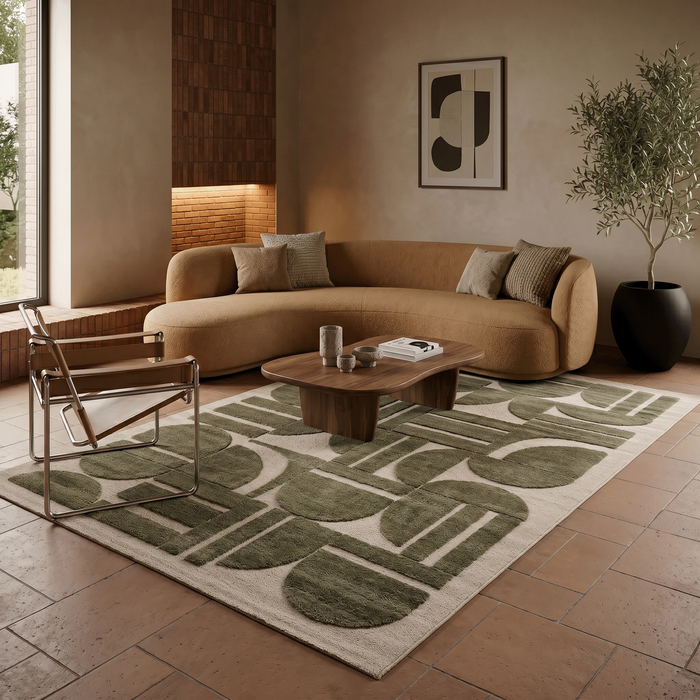 Designer Hochflor Teppich Nosy Geometric Grün Creme