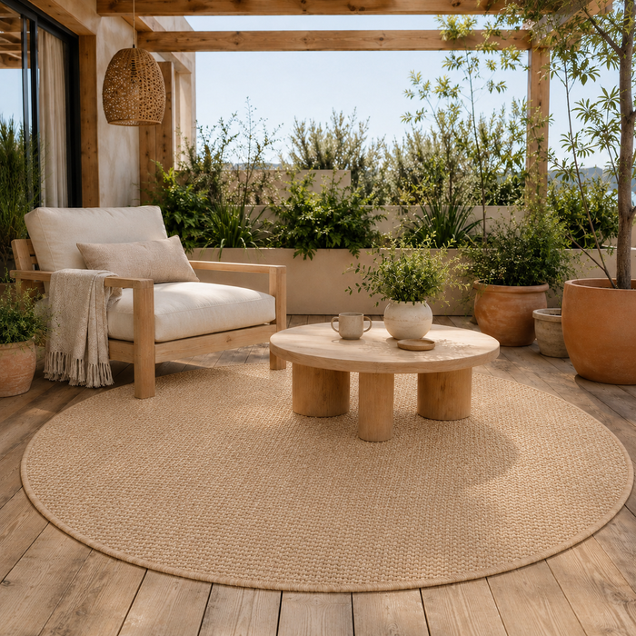 Tapis Tissé Plat Intérieur & Extérieur Porto Sable Chiné Rond