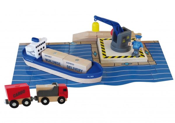 Holzspielzeug Hafenanlage 20 Teile für Kinder mit Geschenkbox Holzspielzeug Hafenanlage mit Kran, Schiff, LKW und Arbeiter