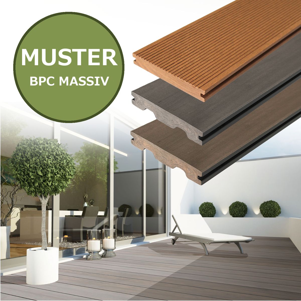 Muster BPC Terrassendielen Terrassenboden Premium WPC Bambus Dielen Grau Teak