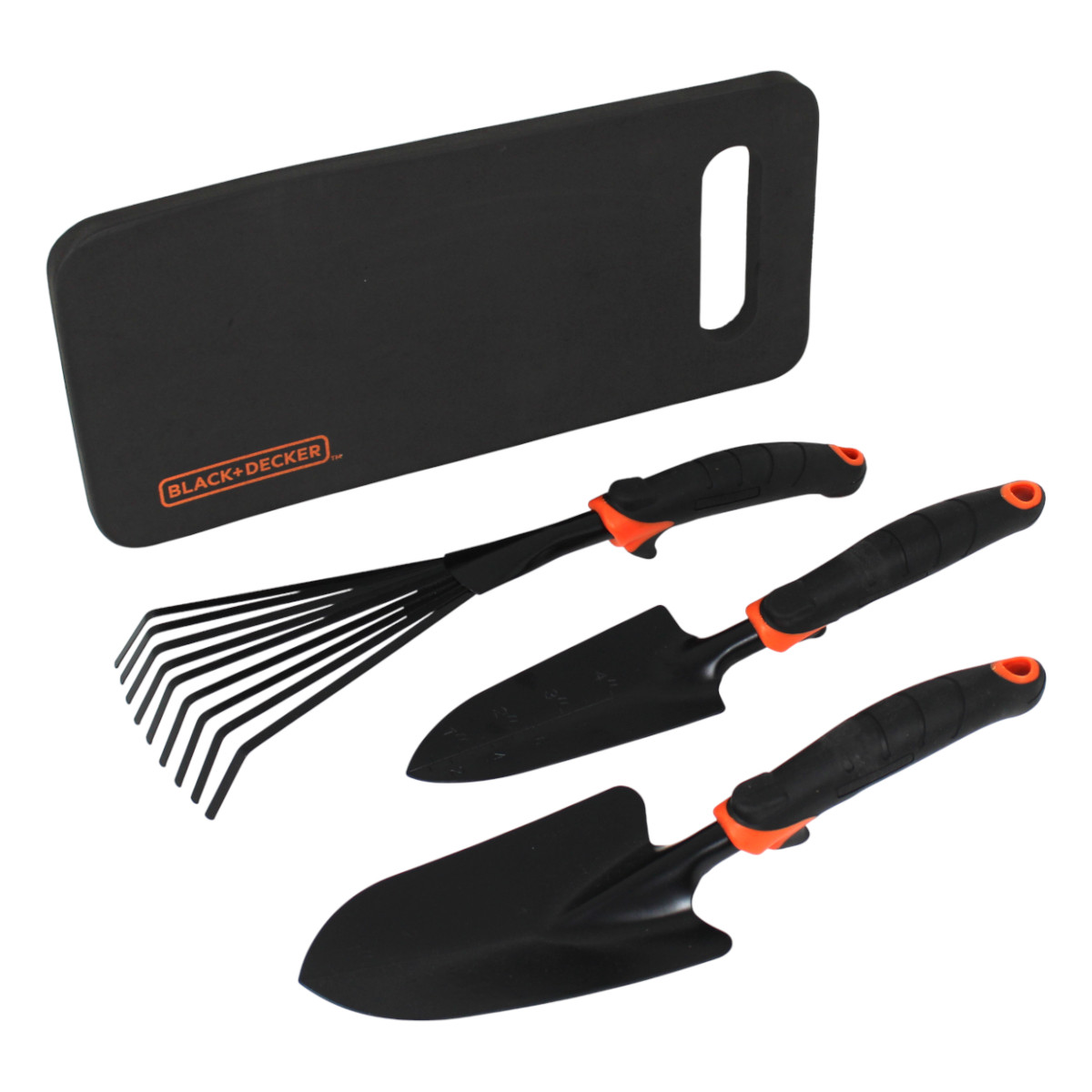 Black + Decker 4-teiliges Gartenwerkzeug Set Schaufel Handrechen Knieunterlage