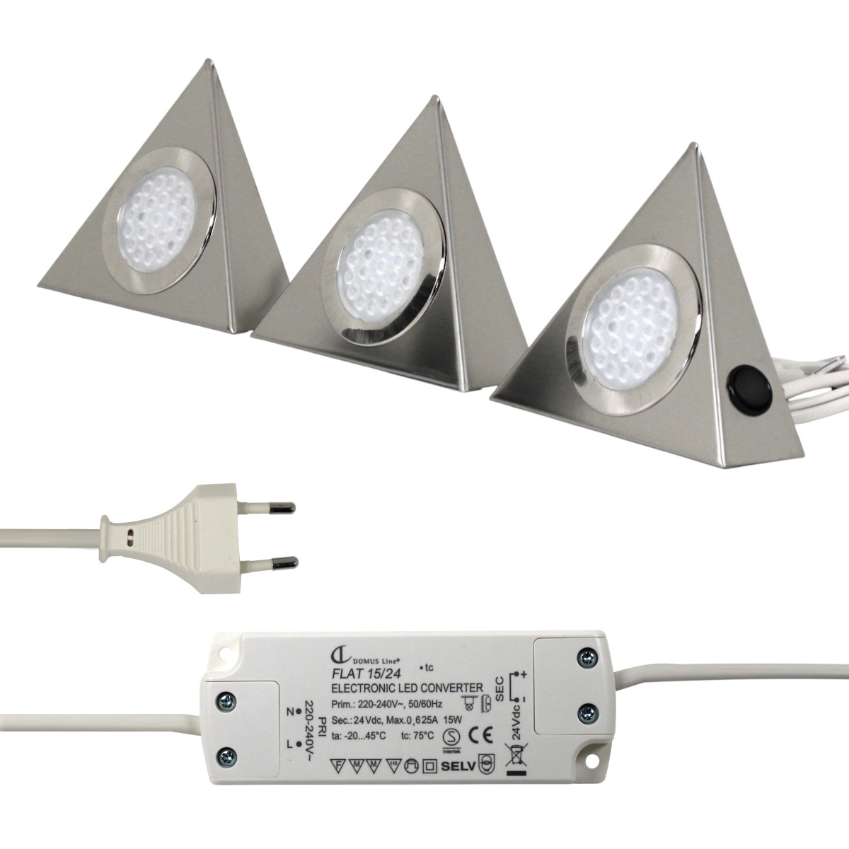Giza 3er SET LED Trafo Edelstahl Dreieck Unterbauleuchte Strahler 4000K 3x1,8W