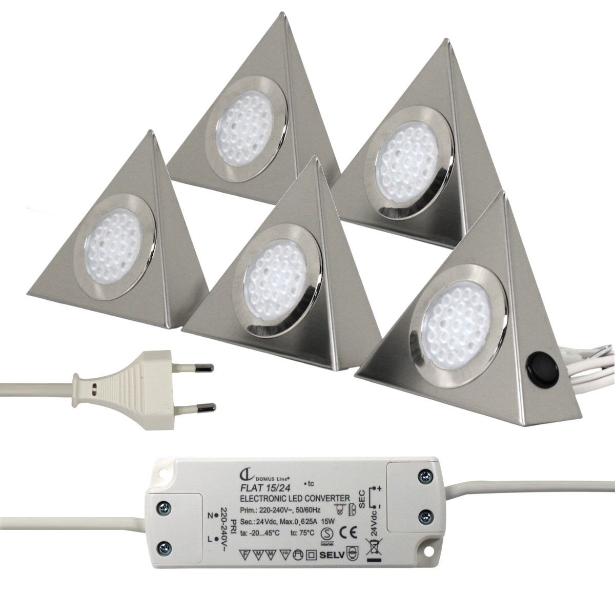 Giza 5er SET Trafo Edelstahl Dreieck Unterbauleuchte Strahler Küche 4000K 5x1,9