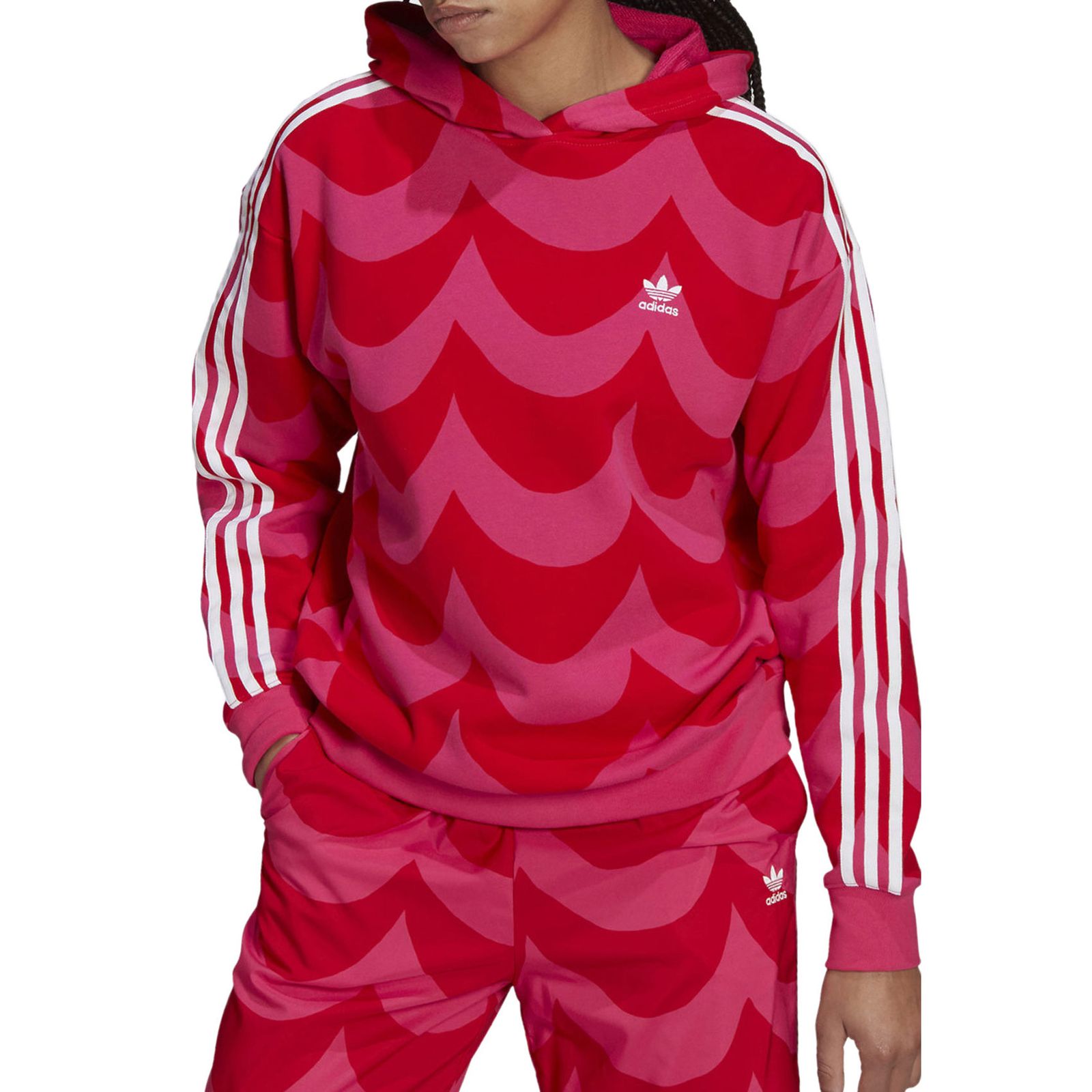 Adidas X Marimekko Wave Hoodie Oversize 3 Stripes Hoodie Pink Red