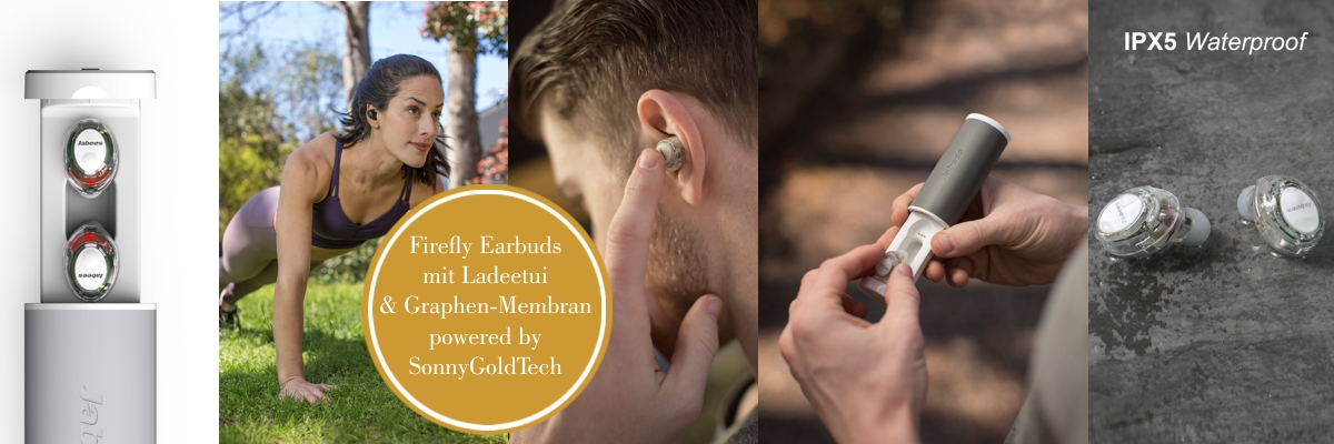     Firefly - Graphen Earbuds mit Ladeetui - Bluetooth Headset mit mobiler Ladestation in Weiß-Grau