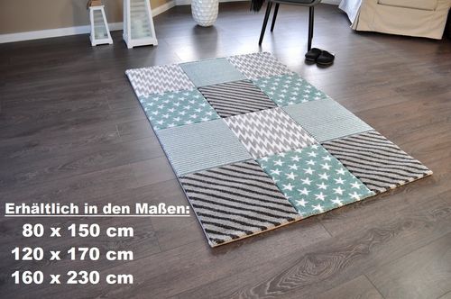 Hochwertiger FLORA Design Teppich Relief TF-22 Türkis Grau Weiß STERNE 160 x 230 alt-