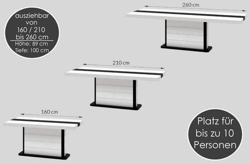 Design Esstisch Tisch HE-555 Weiß - Schwarz Hochglanz ausziehbar 160 bis 260 cm