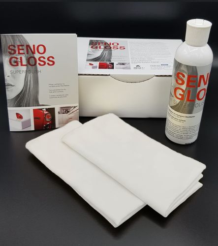 SENOGLOSS Pflege & Schutz Hochglanzmöbel Küchen Möbelpolitur 250 ml + 2x Poliertuch Set Hochglanzpflege entfernt Kratzer Küchenpolitur Möbelpflege auch für Küchenfronten Seno gloss
