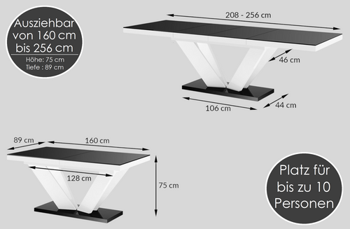 Design Esstisch Tisch HEU-111 Hochglanz ausziehbar 160 bis 256 cm