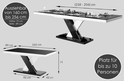 Design Esstisch Tisch HEN-111 Hochglanz ausziehbar 160 bis 256 cm