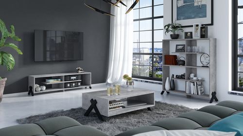 Design Couchtisch Regal Fernsehtisch Vik Set Beton - Schwarz matt Betonoptik TV Rack Wohnzimmertisch