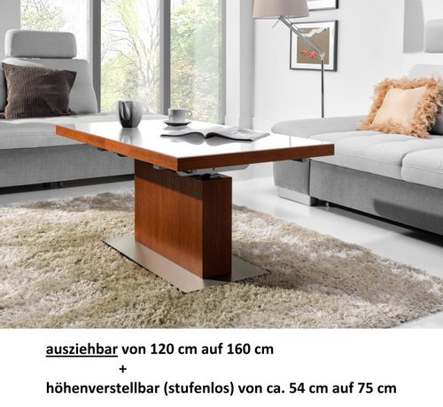Design Couchtisch Tisch MN-3 Seidenmatt Glas höhenverstellbar & ausziehbar Esstisch
