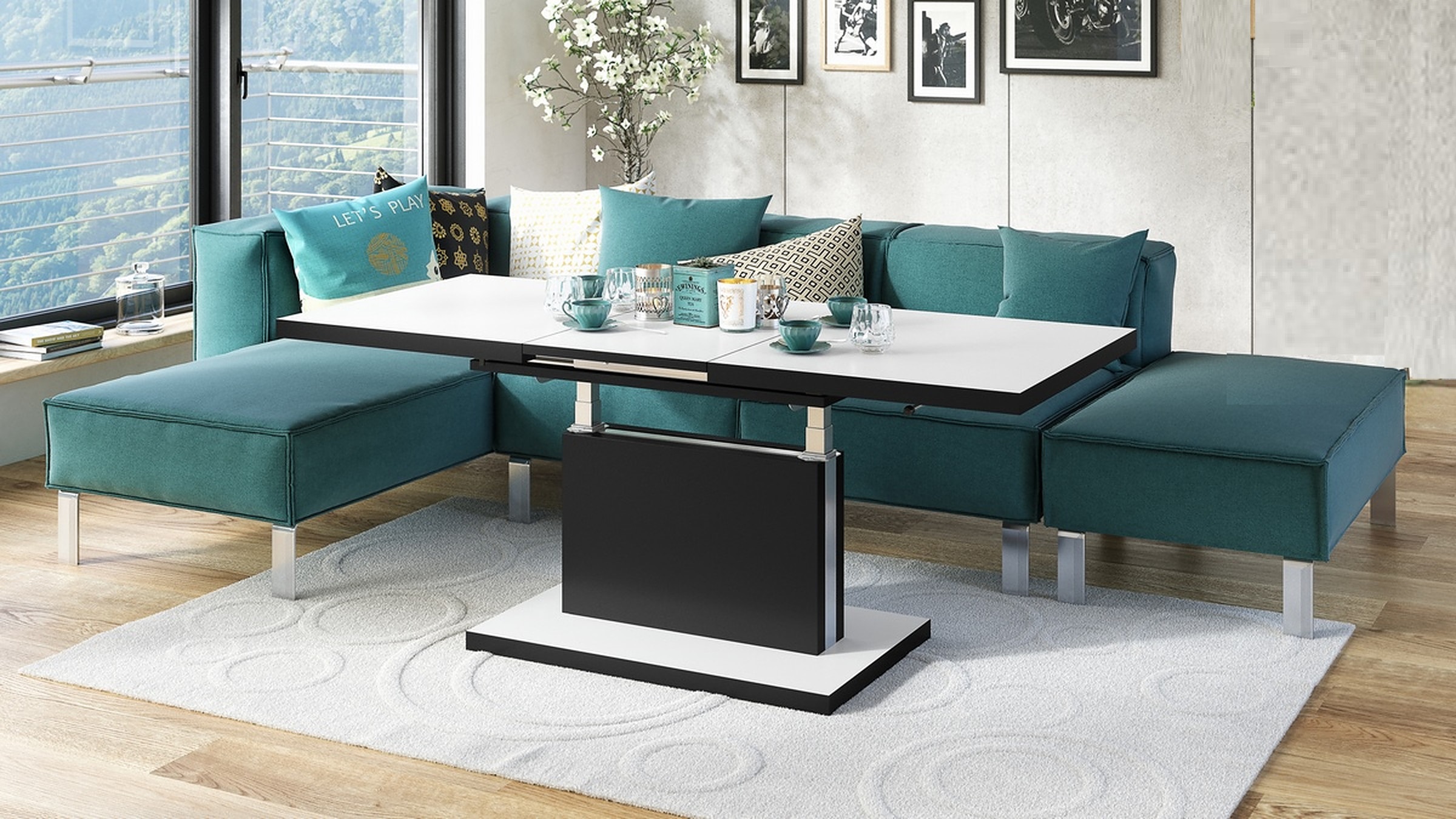 ASTON Nussbaum - Modern Couchtisch Kaffeetisch Sofatisch Ausziehbar Tisch Mit Einstellbarer Höhe