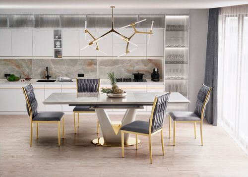 Design Esstisch Tisch HA-777 Grau Marmoroptik - Gold ausziehbar 160 bis 220 cm