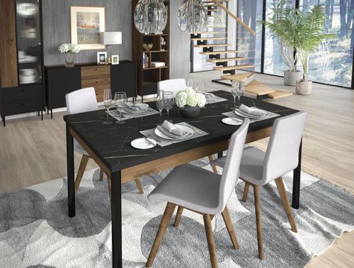 Design Esstisch Tisch DE-2 Marmor Schwarz - Nussbaum ausziehbar 200 bis 240 cm