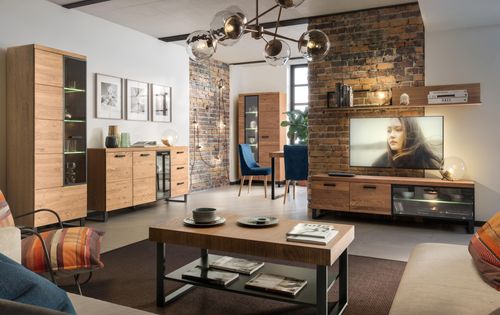 Design Couchtisch DSP-1 Eiche rustikal gebürstet - Schwarz matt Tisch Wohnzimmertisch 110x60x48cm mit Ablagefläche