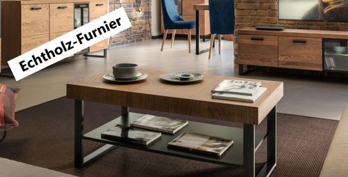 Design Couchtisch DSP-1 Eiche rustikal gebürstet - Schwarz matt Tisch Wohnzimmertisch 110x60x48cm mit Ablagefläche