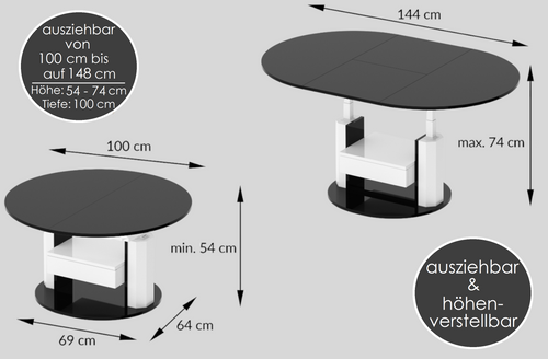 Couchtisch HPM-111 Hochglanz ausziehbar höhenverstellbar mit Schublade alt-