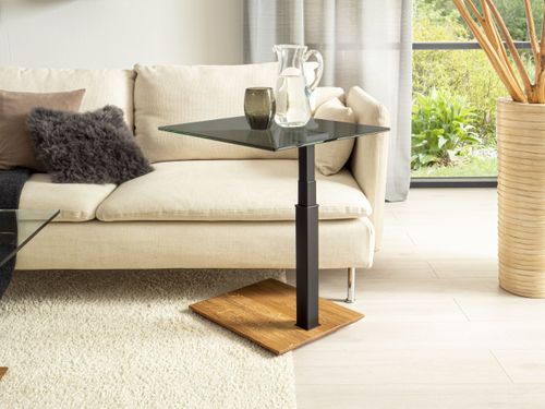 Vierhaus Beistelltisch Wildeiche Massivholz Parsolglas Grau Höhenverstellbar Rollen 1439-WEIX-GPA