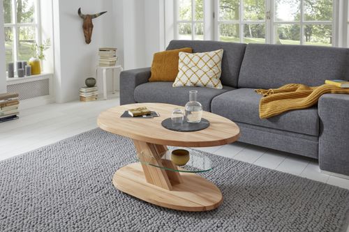 Vierhaus Couchtisch Kernbuche geölt Massivholz Glas Höhenverstellbar Rollen 4328-KBUX