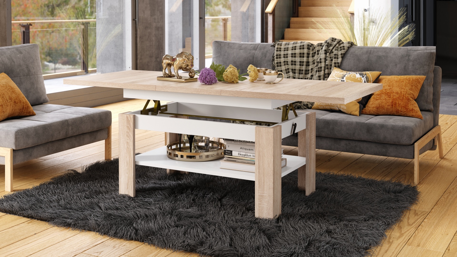 design couchtisch tisch rio stufenlos höhenverstellbar 55 - 67 cm  ausziehbar 130 - 170cm mit ablagefläche esstisch