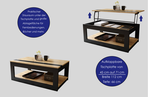 Design Couchtisch Lusso aufklappbar Rollen 112 x 45 x 66 cm Arbeitstisch Tisch Ablage Esstisch Wohnzimmertisch