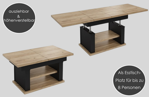 Design Couchtisch DA-666 höhenverstellbar ausziehbar 120 bis 200 cm Tisch Ablage Esstisch Wohnzimmer