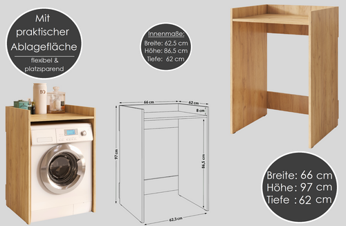 Carl Svensson W-111 Waschmaschinenschrank mit Ablage 66x97x62 cm Badezimmerschrank Waschmaschinenunterschrank