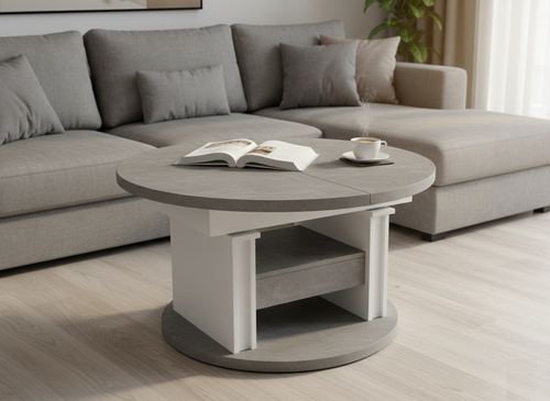 Design Couchtisch DA-999 rund ausziehbar höhenverstellbar mit Schublade und Ablage