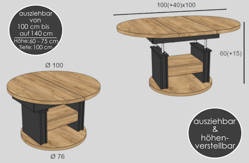 Design Couchtisch DA-999 rund ausziehbar höhenverstellbar mit Schublade und Ablage