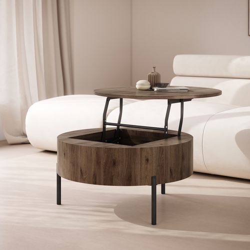 Design Couchtisch Frida rund aufklappbar höhenverstellbar mit Stauraum