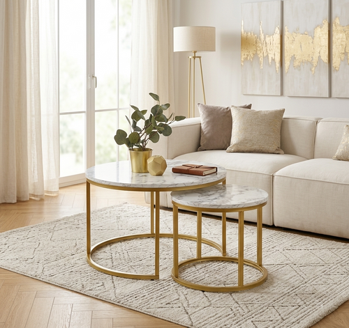 Design 2er Set Couchtisch HAW-777 Marmor Gold Weiß rund Tisch Wohnzimmertisch