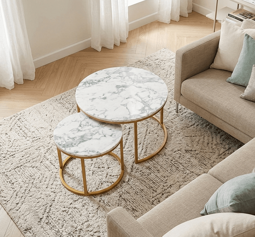 Design 2er Set Couchtisch HAW-777 Marmor Gold Weiß rund Tisch Wohnzimmertisch